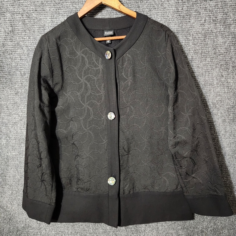 Eileen Fisher Black Jacquard Swirl Wool Cardigan Size M